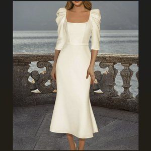 Light in the Box Vintage White Ivory Midi Tea Length Dress Puff Sleeve Size 4